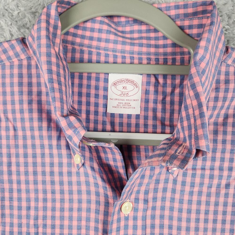 Brooks Brothers 346 Shirt Mens XL Pink Blue Check Short Sleeve Non Iron Dress